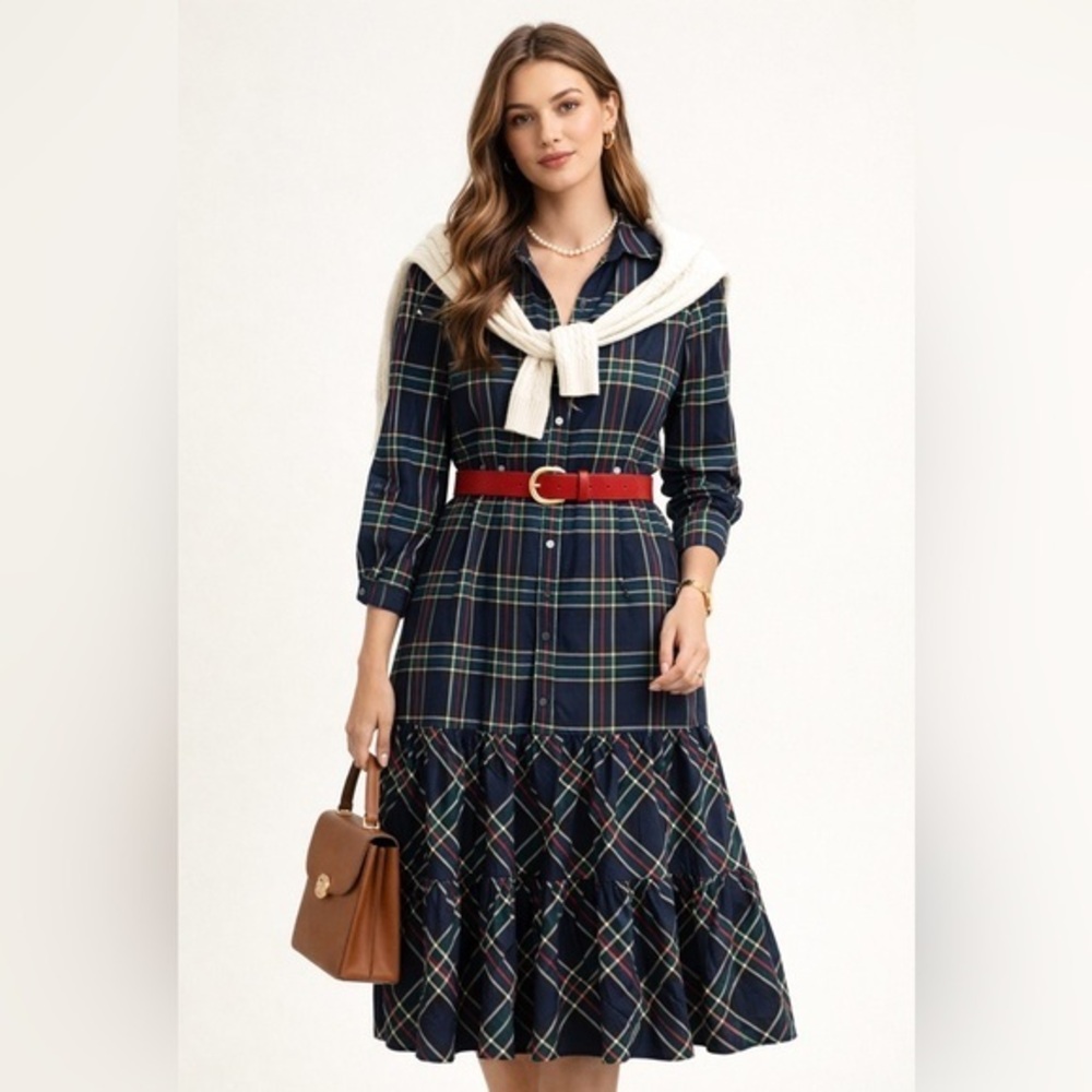 UNTUCKit Dara Tartan  Plaid Americana Preppy Academia Midi Shirt Dress, Size 6